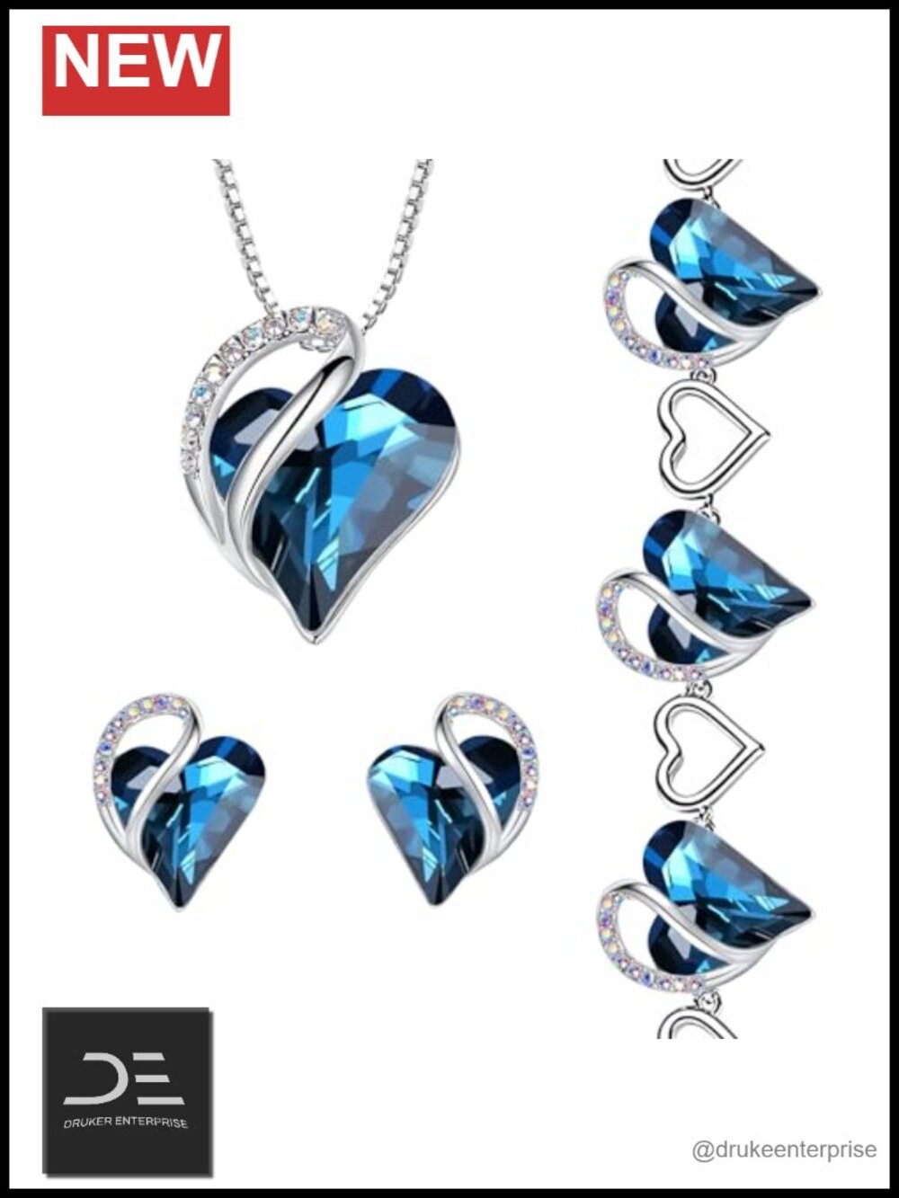 Women's Crystal Heart Jewelry Set - Silver Tone Necklace, Bracelet & Earrings